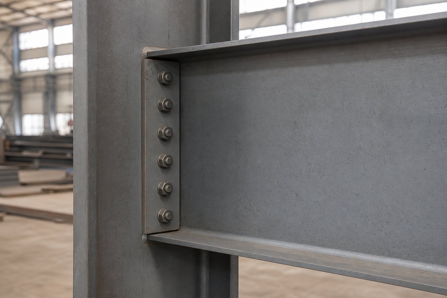 Close-up of a precision bolted steel beam-to-column connection